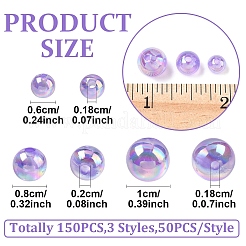 150個3スタイルの透明アクリルビーズ  ab色メッキ  ラウンド  青紫色  6~10mm  穴：1.8~2mm  50個/スタイル&nbsp;MACR-YW0003-96D