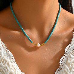 Synthetic Turquoise Column & Natural Pearl Beaded Necklace&nbsp;DK7962-1