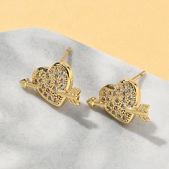 ハート真鍮マイクロパヴェクリアキュービックジルコニアスタッドピアス  鉛フリー＆カドミウムフリー  長持ちメッキ  18KGP本金メッキ  9.5x13.5mm&nbsp;EJEW-A132-08G