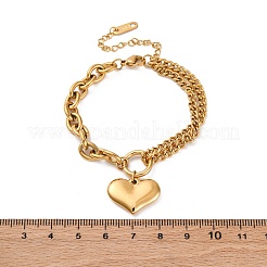 Ion Plating(IP) 304 Stainless Steel Twisted Chain & Cable Chain Heart Charm Bracelets for Women&nbsp;BJEW-H613-01G
