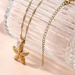 夏のビーチ 304 ステンレススチールペンダントロープチェーンネックレス 女性用  18KGP本金メッキ  ヒトデ  15.55インチ（39.5cm）  ペンダント：23.5x19mm。&nbsp;STAS-Z108-01G-01