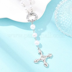 Brass Pave Clear Cubic Zirconia Cross Y Pendant Necklaces with ABS Imitation Pearl Handmade Link Chain&nbsp;NJEW-F364-06P
