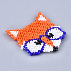 手作りシードビーズリンクコネクター  弾性糸で  織機模様  キツネ  オレンジ  34~35x33x1.5mm  穴：0.7mm&nbsp;SEED-I012-42