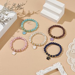 キャットアイ ラウンド ビーズ ビーズ ブレスレット  合金エナメル犬の足跡女性のためのチャーム ストレッチ ブレスレット  ミックスカラー  内径：2インチ（5.2cm）&nbsp;BJEW-JB09050