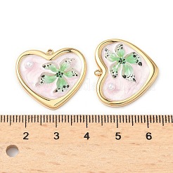 304ステンレスペンダント  花とハート  エナメルおよびABSプラスチック模造パール付き  18KGP本金メッキ  ピンク  21.5x24x4.5mm  穴：1.6mm&nbsp;STAS-C134-09G-02