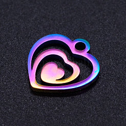 イオンプレーティング（IP）201ステンレススチールフィリグリーチャーム  ハートとハート  虹色  14x13x1mm  穴：1.8mm&nbsp;STAS-Q201-JN177