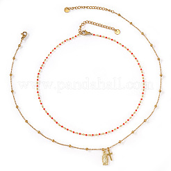 Red Glass Beaded Chain Double Layer Necklaces with Stainless Steel Religion Virgin Cross Pendant&nbsp;QR8888-1