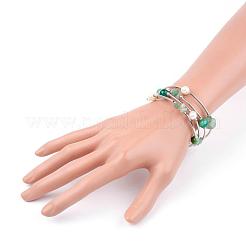天然の宝石のラップブレスレット  パールビーズと真鍮パーツ  4ループ  ラウンド＆チップ  プラチナ  2インチ（52mm）&nbsp;BJEW-JB03355
