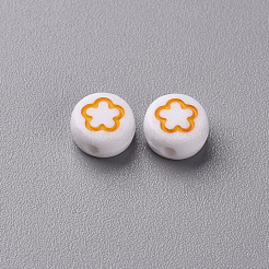白い不透明なアクリルビーズ  ハート＆フラワー＆ムーン＆スターのフラットラウンド  ゴールデンロッド  7x4mm  穴：1.6mm&nbsp;MACR-N008-41F