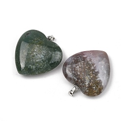 天然石インディアン瑪瑙ペンダント  304ステンレススチールのスナップオンベイル付きハートチャーム  ステンレス鋼色  41x40x13mm  穴：7x4.5mm&nbsp;GG-K002-12A-23