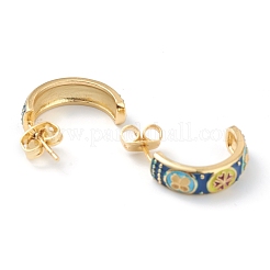 半円形真鍮エナメルハーフフープピアス  耳ナッツ  花  カラフル  ゴールドカラー  17x5mm  ピン：0.7mm&nbsp;EJEW-L234-039G