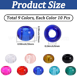 90 個 9 色のガラスヨーロッパビーズ  大穴ビーズ  ロンデル  ミックスカラー  14~15x10mm  穴：5~6.4mm  10個/カラー&nbsp;GLAA-PA0001-25