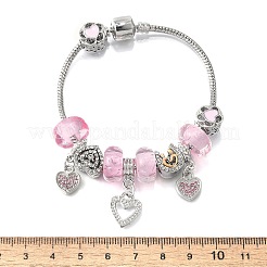合金エナメルヨーロピアンビーズチャームブレスレット  女性用スネークチェーンブレスレット  ハート  樹脂とラインストーン付き  鉛フリー＆カドミウムフリー  プラチナ  7-1/2インチ（19cm）&nbsp;BJEW-F495-14P