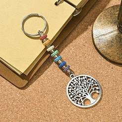 チャクラ天然溶岩石と合金の生命の樹ペンダントキーホルダー  鉄のスプリットキーリング付き  アンティークシルバー  11.9cm&nbsp;KEYC-JKC00644-03