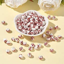 花柄プリントの磁器ビーズ  花柄のセラミック製丸ビーズ  レッド  8mm  穴：2~2.5mm&nbsp;PORC-M531-2