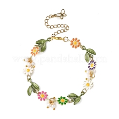 Brass Enamel Colorful Flower Link Chain Bracelets with Natural Pearl Beads for Women&nbsp;BJEW-JB14174