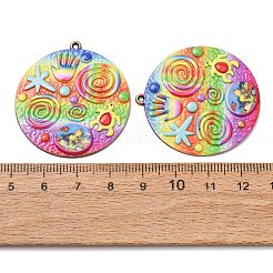 虹色のプリントが施された鉄製のペンダント  赤銅鉱  カラフル  ヒトデ、巻貝、亀のチャームが付いたフラットラウンドい形  39x36x2mm  穴：1.4mm&nbsp;RN-CBA3547-01B