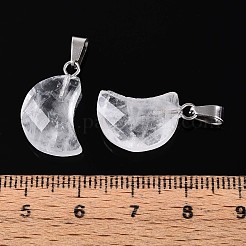 天然石クオーツクリスタルペンダント  ロッククリスタルのファセット加工のムーンチャーム  ステンレススチール製のベールスナップ付き  ステンレス鋼色  18.5~19.5x10~11.5x5.5~6mm  穴：6x2.5mm&nbsp;G-N349-02K-P