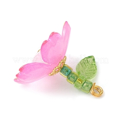 透明なアクリルパーツ  ガラスシードビーズで  花  ゴールドライン入り  マゼンタ  17.5x18x19mm  穴：1.8mm&nbsp;PALLOY-MZ00822-01