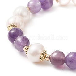 Natural Amethyst & Pearl Round Beaded Stretch Bracelet for Women&nbsp;BJEW-JB09246-01