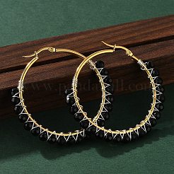 ビーズのフープピアス  天然染色＆加熱黒瑪瑙ビーズ付き  金メッキ 304 ステンレススチール フープピアス  50mm  ピン：0.6x1mm&nbsp;EJEW-JE03830-04