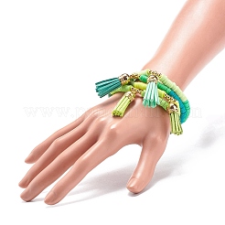ハンドメイド ポリマークレイ ヘイシ ストレッチ ブレスレット セット  女性用フェイクスエード タッセル チャーム ブレスレット  グリーン  内径：2インチ（5cm）  4個/セット&nbsp;BJEW-JB08762