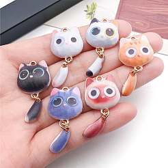24本6色プリントアロイペンダント  猫の形のチャーム  ゴールドカラー  ミックスカラー  34x17x4mm  穴：1.6mm  4個/カラー&nbsp;FIND-BM0001-80