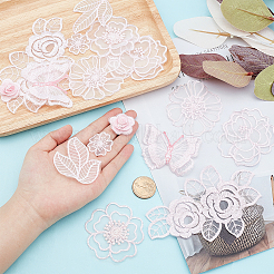 16個 8スタイル ポリエステルレース コンピューター刺繍装飾アクセサリー  DIY服用  バッグ  パンツ  靴の装飾  花と葉と蝶  ピンク  28~84x27~125x0.5~6mm  2個/スタイル&nbsp;DIY-AR0002-37