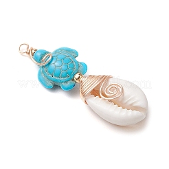 Synthetic Turquoise Bead with Natural Mixed Cowrie Shell Beads and Eco-Friendly Copper Wire and Brass Beads Pendants&nbsp;PALLOY-TA00233-02