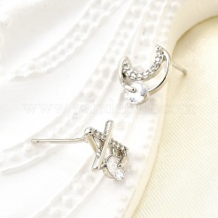 真鍮マイクロペーブクリアキュービックジルコニアスタッドピアス  スター＆ムーン  左右  プラチナ  9.5x9.5mm&nbsp;EJEW-M103-01P