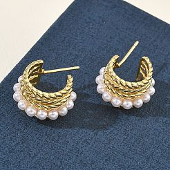 女性のための真鍮のスタッドピアス  ABSの模造パールと  ハーフフープピアス  ラックめっき  長持ちメッキ  鉛フリー＆カドミウムフリー  18KGP本金メッキ  17x11mm&nbsp;EJEW-A168-19G