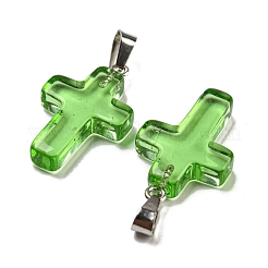 ガラスのペンダント  白金鉄パーツ  クロスチャーム  ライムグリーン  29x18x5.5mm  穴：7x3.5mm&nbsp;GLAA-H029-05P-02