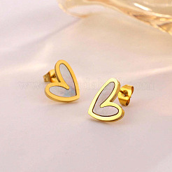 Heart Stainless Steel & Natural Shell Pendant Necklaces & Stud Earrings Sets&nbsp;FS-WG4CC15-02