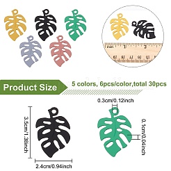 30本5色スプレー塗装合金ペンダント  バナナの葉  ミックスカラー  35x24x1mm  穴：3mm  6個/カラー&nbsp;FIND-BC0003-26