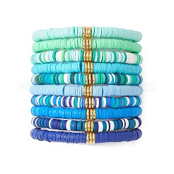 10Pcs 10 Colors Handmade Polymer Clay Heishi & Brass Bead Stretch Bracelets for Women&nbsp;BJEW-MZ00198