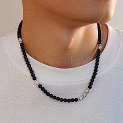 6mmラウンド天然ハウライトとフロストブラックストーンビーズネックレス（男性用）  プラチナ  18.90インチ（48cm）&nbsp;FQ0489-3