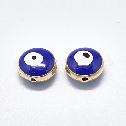 合金ビーズ  エナメル  ナザールボンジュウ付きフラットラウンド  ライトゴールド  ブルー  10x6mm  穴：1.2mm&nbsp;X-ENAM-S117-09