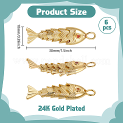 真鍮製ペンダント6個  魚  ラインストーン付き  24KGP本金メッキ  38x10mm&nbsp;KK-BC00015-48B