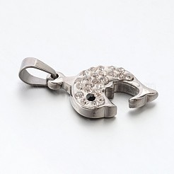 304ステンレススチール製イルカペンダント  ポリマークレイのクリスタルのラインストーン付き  ステンレス鋼色  23x14x4mm  穴：4x6mm&nbsp;STAS-L130-22