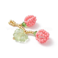 ガラスシードビーズのベリーと葉のペンダント  ガラスとアクリルで  ピンク  35x22x10mm  穴：2mm&nbsp;PALLOY-MZ01114-02