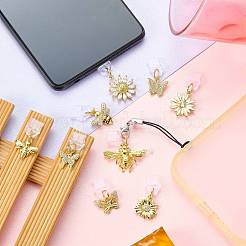 3 個のプラスチックモバイル防塵プラグ  真鍮のペンダントとコードループ付き  花  ゴールドカラー  29~34mm&nbsp;HJEW-SW00230-04