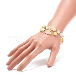 アクリルイミテーションパールストレッチブレスレット  女性のための合金エナメル ビー ハート チャーム ブレスレット  ライトゴールデンロッドイエロー  内径：2-1/4インチ（5.8cm）&nbsp;BJEW-JB08448-01