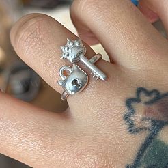女性用合金カフオープンリング  猫の形をした錠前と鍵  プラチナ  内径：15~20mm&nbsp;WGDF1DA-01