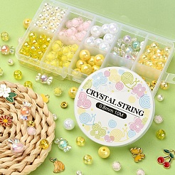 DIYかわいいストレッチブレスレット作りキット  模造真珠とキャンディーのアクリルビーズを含む  バナナ＆チェリー＆フラワー＆ハート＆バタフライアロイエナメルペンダント  きいろ&nbsp;DIY-YW0005-77C