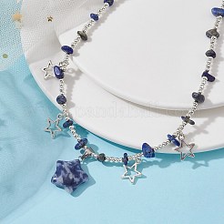 天然ブルースポットジャスパーと合金スターチャームよだれかけネックレス、チップビーズチェーン付き  14.57インチ（37cm）&nbsp;NJEW-JN04512-01