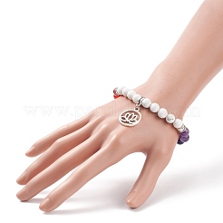 Natural Howlite & Mixed Gemstone Stretch Bracelet with Alloy Lotus Charms&nbsp;BJEW-TA00134-04