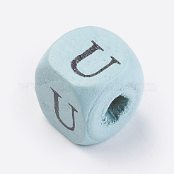 天然木プリントビーズ  水平穴  染め  頭文字を持つキューブ  ミックスカラー  10x10x10mm  穴：3~4mm  約1060個/500g&nbsp;WOOD-Q030-37