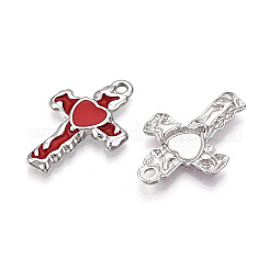 304ステンレスペンダント  エナメル  ハートチャーム付きクロス  ステンレス鋼色  レッド  30x20x3mm  穴：2mm&nbsp;STAS-N108-25B-P