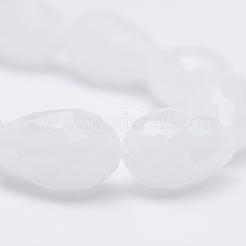 ティアドロップ  カット加工ガラスビーズ連売り  イミテーション翡翠  ホワイト  11~12x8mm  穴：1.5mm  約56~59個/連  27インチ&nbsp;X-GLAA-Q052-A05