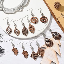 6 Pairs 6 Styles Natural Walnut Wood with Alloy Bead Dangle Earrings for Women&nbsp;EJEW-JE06102